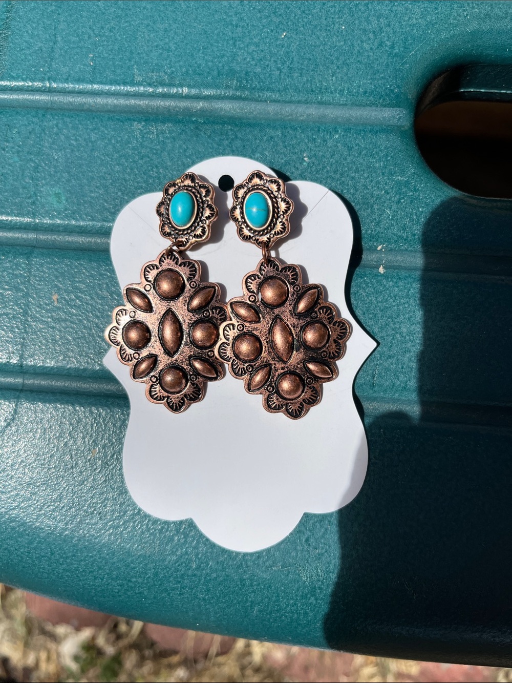 Turquoise Accent Copper-Tone Floral Drop Earrings - Women Jewelry